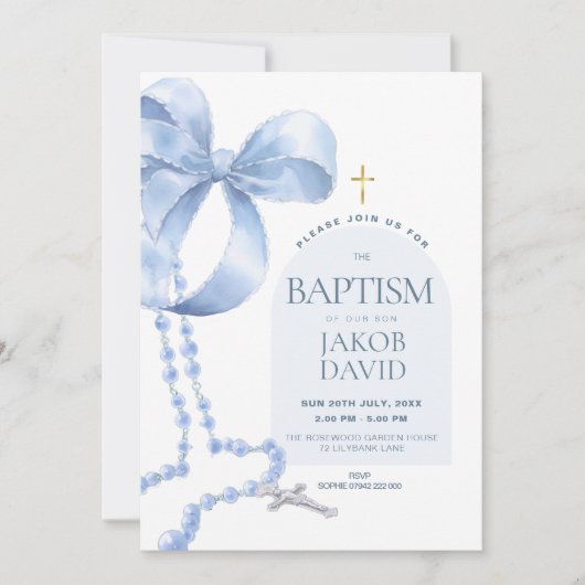Boy's Modern Blue Bow & Rosary Baptism Invitation (Devant)