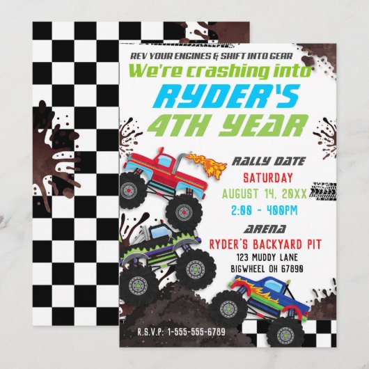 Boys Monster Truck Birthday Party Invitations (Devant / Derrière)