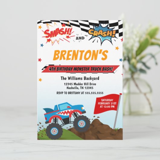 Boys Monster Truck Invitation Anniversaire (Debout devant)