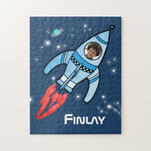 Boys naam en fotoraketruimte kinder puzzel legpuzzel (Verticaal)