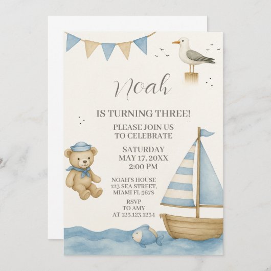 Boys Nautique Anniversaire Invitation (Devant / Derrière)
