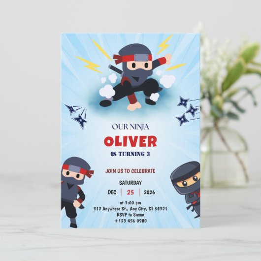 Boys Ninja Warrior 3 Birthday Party Invitations Kaart (Staand voorkant)