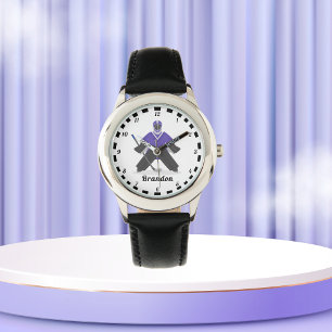 Boys Paars Ice Hockey Spelers Naam Winterstrips Horloge