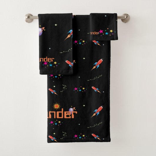 Boys Personal Name Space Rocket Bad Handdoek (Insitu)