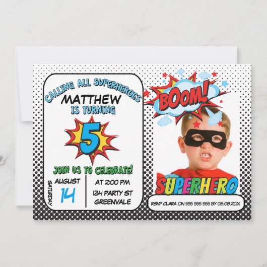 Boys Photo Superhero 5e anniversaire Invitation (Devant)