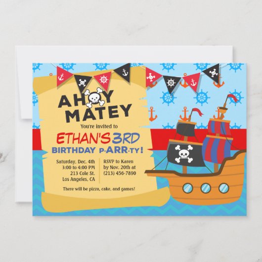 Boy's Pirate Ship Anniversaire Fête Invitation (Devant)