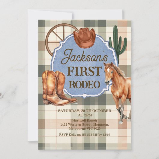 Boys Plaid Green Brown First Rodeo 1st Birthday Kaart (Voorkant)