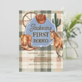 Boys Plaid Green Brown First Rodeo 1st Birthday Kaart (Staand voorkant)