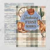 Boys Plaid Green Brown First Rodeo 1st Birthday Kaart (Voorkant / Achterkant)