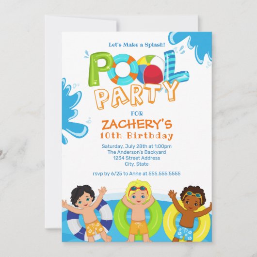 Boys Pool Party 10th Birthday Invitation Kaart (Voorkant)