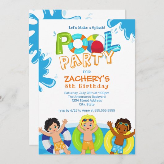 Boys Pool Party 8e anniversaire Invitation (Devant / Derrière)