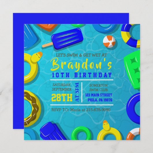 BOYS POOL SWIM FLOATS Birthday Party Invitation Kaart (Voorkant / Achterkant)