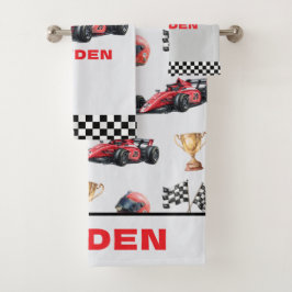 Boys Red Racing Car Pattern Personalised  Bad Handdoek