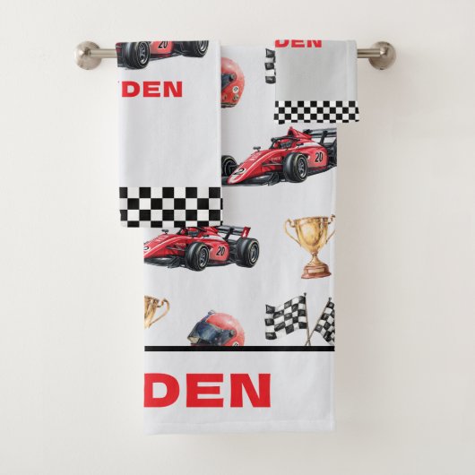 Boys Red Racing Car Pattern Personalised Bad Handdoek (Insitu)
