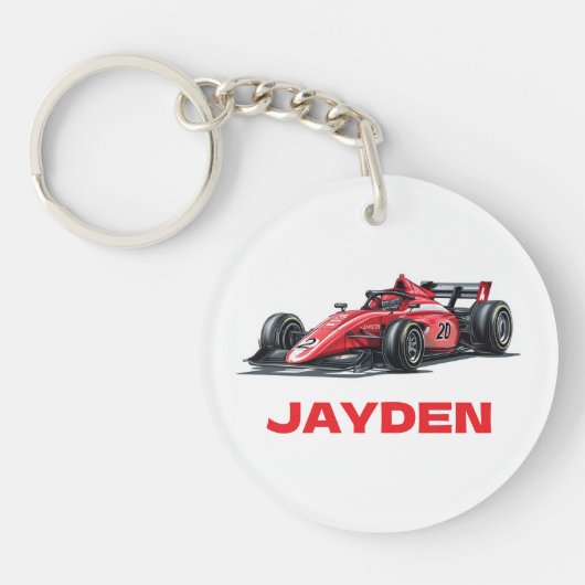 Boys Red Racing Car Personalised Keyring Sleutelhanger (Voorkant)