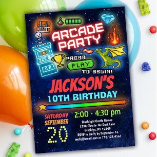 Boys Retro Arcade Birthday Party Uitnodiging