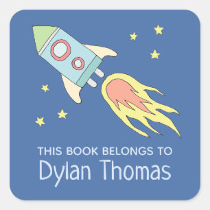 Boys Rocket Ship "Dit boek behoort tot" en naam Vierkante Sticker