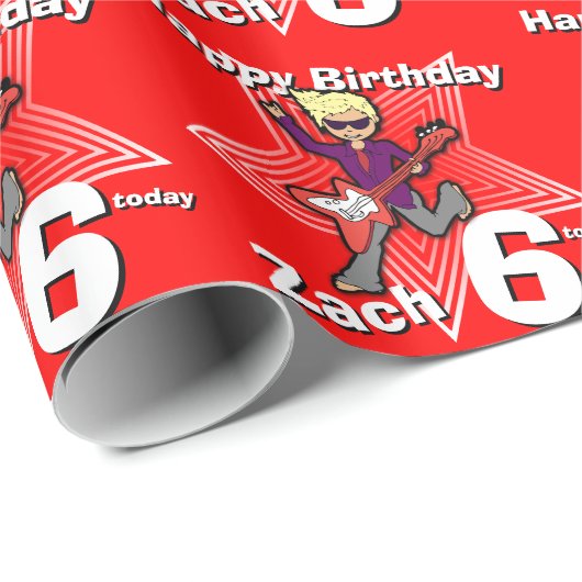 Boys rood jouw naam 6e verjaardag rockstar wrap cadeaupapier (Rol Hoek)