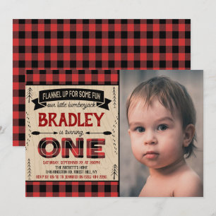 Boys Rustic Pset Lumberjack 1st Birthday Foto Kaart