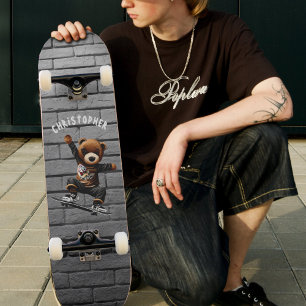 Boys Skateboarding Teddy Bear Brick Wall Naam Skateboard