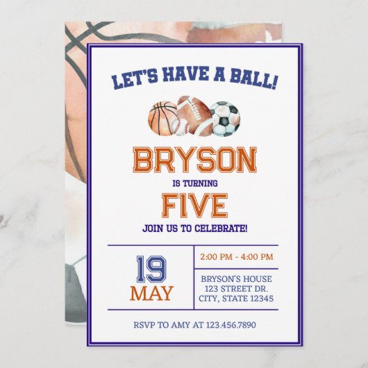 Boys Sports Invitation d'anniversaire - Orange & M (Devant / Derrière)