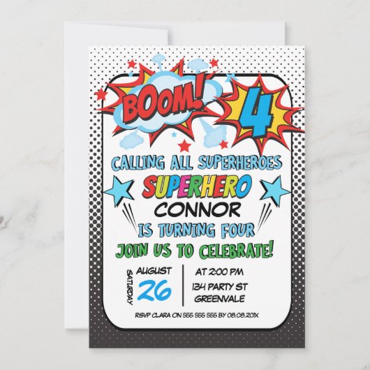 Boys Superheld 4th Birthday Invitation Kaart (Voorkant)