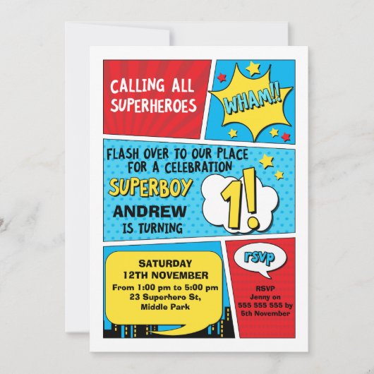 Boys Superhero 1er anniversaire Invitation (Devant)