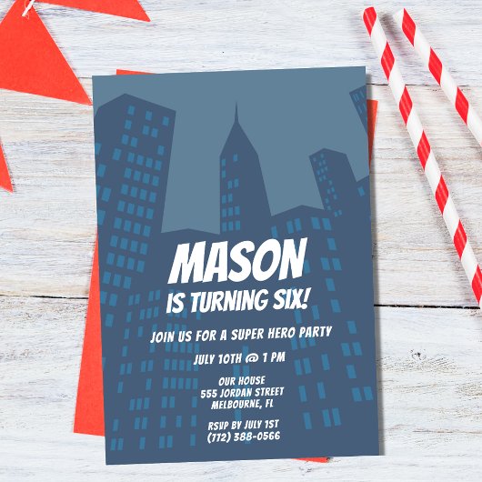 Boys Superhero City Anniversaire Fête Invitation