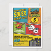 Boy's Superhero Invitation Party Blue Red Comic (Devant)