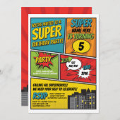 Boy's Superhero Invitation Party Blue Red Comic (Devant / Derrière)