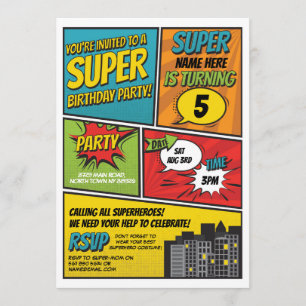 Boy's Superhero Invitation Party Blue Red Comic
