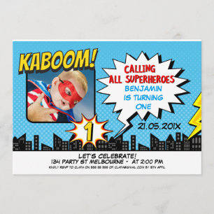 Boys Superhero Photo 1er anniversaire Invitation
