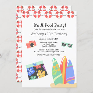 Boys Teen Pool Party Birthday Uitnodiging