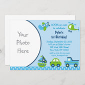 Boys Transportation Photo Invitations d'anniversai (Devant / Derrière)