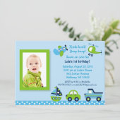 Boys Transportation Photo Invitations d'anniversai (Debout devant)
