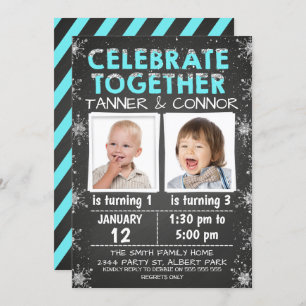 Boys Twins of Joint Winter Birthday Invitation Kaart