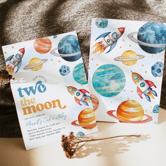 Boy's Two the Moon Rocket Verjaardag Uitnodigen Kaart