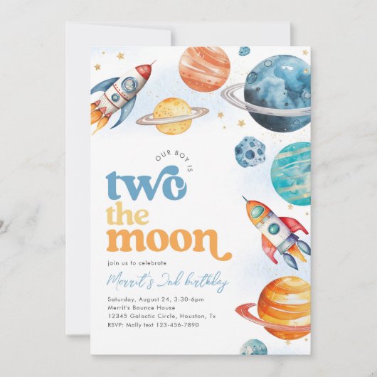 Boy's Two the Moon Rocket Verjaardag Uitnodigen Kaart (Voorkant)