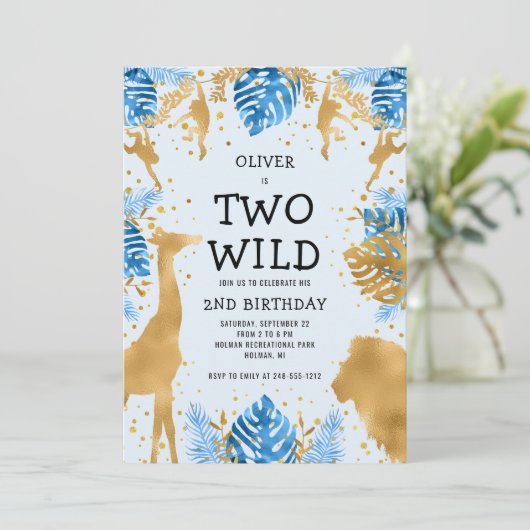 Boys Two Wild 2e verjaardag Blue Safari Kaart (Staand voorkant)