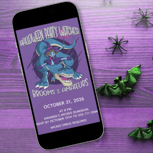 Boze Heks Op T-Rex Illustratie Halloween Feest Kaart