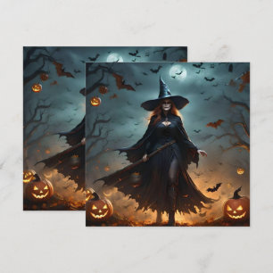 "Boze Nacht: Enge Halloween Heks en Haar Vleermuiz Kaart