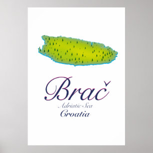 Brač Adriatic Zee, kaart Kroatië Poster