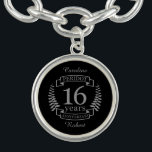 Bracelet Avec Breloques Silver Traditional wedding anniversary 16 ans<br><div class="desc">Un design pour célébrer 16 ans de mariage. Ce design a une couleur gris / argent (la couleur traditionnelle) couleur couleur laurier sur un arrière - plan noir. L'argent est le cadeau traditionnel pour cette occasion. Le texte dit "16 ans d'argent". Un design romantique pour célébrer votre 16e année de...</div>