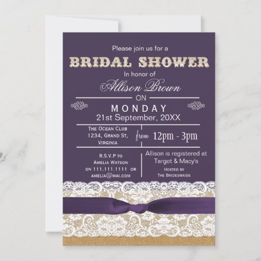 Bracelet, dentelle, violet rustique Invitations de (Devant)