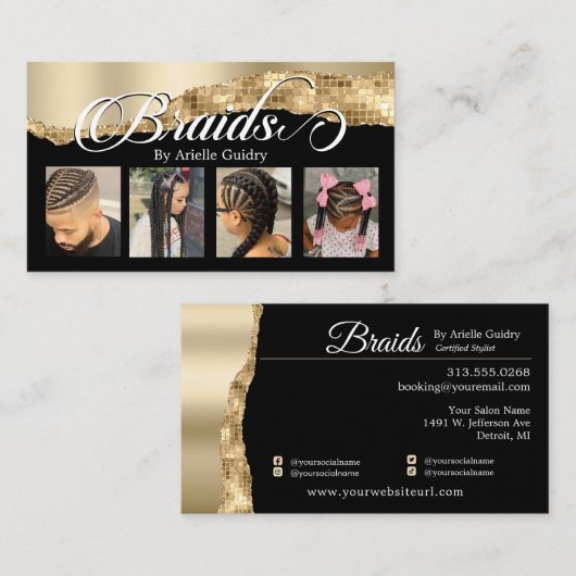 Braids Hair Braiding Stylist Salon Gold Glam Foto Visitekaartje (Voorkant / Achterkant)