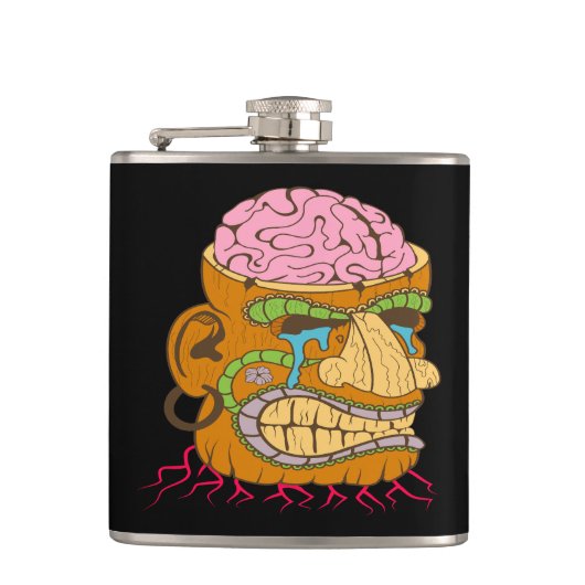 Brain Exposed Tiki Head, Grappig Zwart Heupfles (Voorkant)