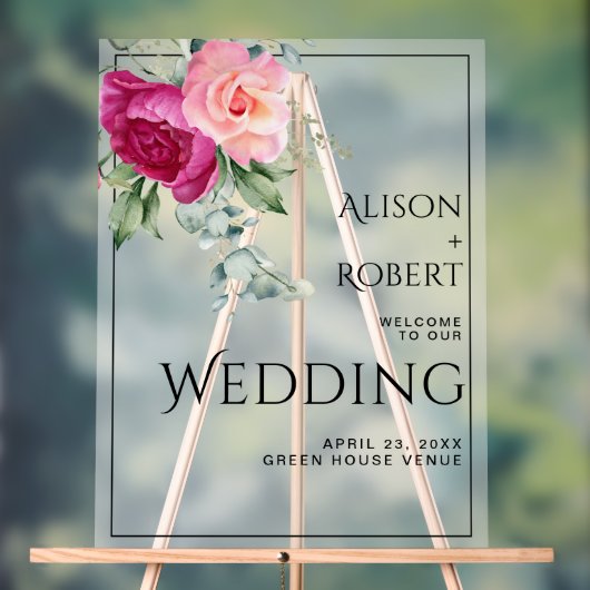 Branch met roze roos doorschijnend WELKOM bruiloft Acryl Bord (Neutraal)