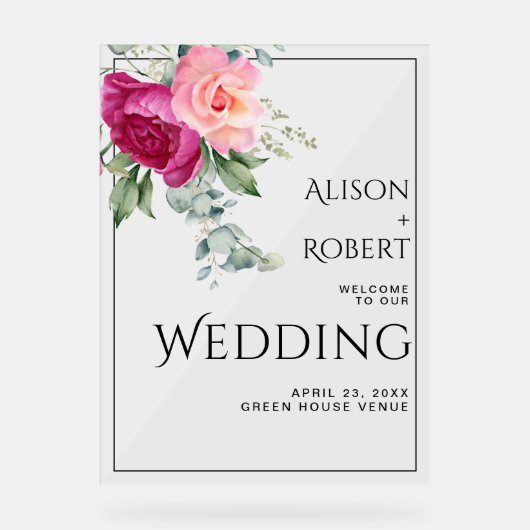 Branch met roze rozenbloemen WELKOM bruiloft Acryl Bord (Voorkant)