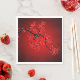 Branch of Cherry Blossom on Red Background Paper Servet