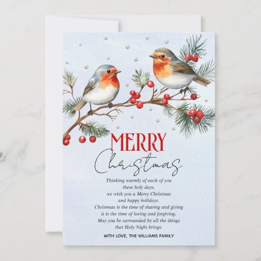 Branch with robin birds and berries Christmas Feestdagenkaart (Voorkant)